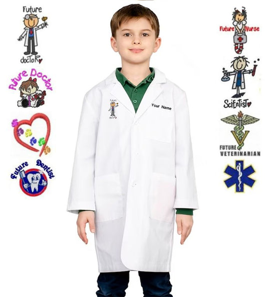 FREE DIGITAL PRINTED LOGO AND KIDS NAME on LABCOAT with 3 pocket full sleeve with Plastic Buttons in poplin fabric