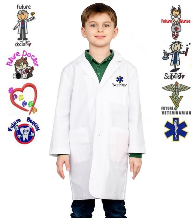 FREE DIGITAL PRINTED LOGO AND KIDS NAME on LABCOAT with 3 pocket full sleeve with Plastic Buttons in poplin fabric