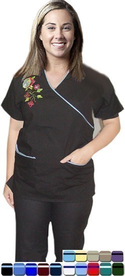 Scrub set with mock wrap 5 pocket half sleeve embroidered (top 3 pkt with bottom 2 pkt boot cut)