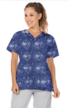 Top v neck 2 pocket half sleeve Ladies in Blue with Blue Classical Print