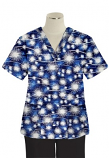 Top v neck 2 pocket half sleeve Ladies in Blue Fire Work Print