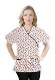 Printed scrub set mock wrap 5 pocket half sleeve in Red and Black flower Print with black piping (top 3 pocket with black  bottom 2 pocket boot cut)